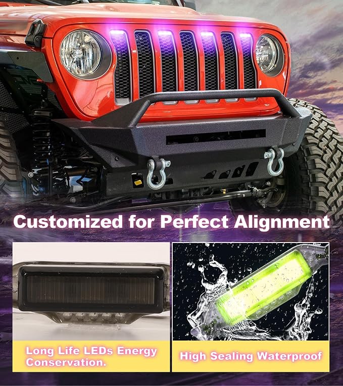 LED Grill Lights for Jeep Wrangler JL JLU Accessories 2018-2023, RGB | Direct-Snap Front Grille LED Accent Marker Lights, IP68 Waterproof, Enhanced Night Visibility, Raptor-Style Exterior Lighting