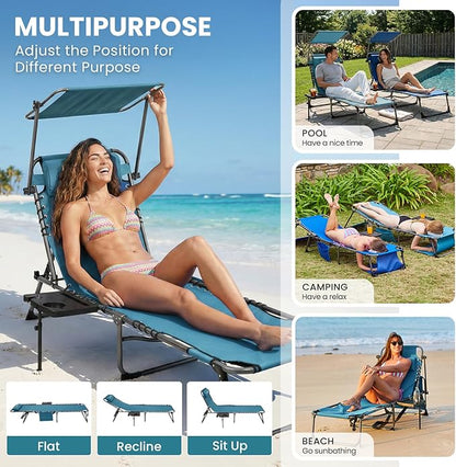 FUNDANGO 400lbs Tanning Chair with Face Hole & Canopy & Side Table, 5 Positions Beach Sunbathing Lounge Chair Facedown Chaise Lounge with Pillow for Pool Outdoor Camping Patio, Set of 2 Cyan