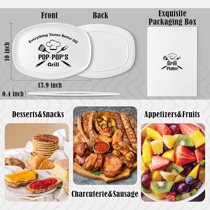 R HORSE Melamine Grill Platter Gift, BBQ White Oval Serving Tray Plate | Christmas, New Year, Birthday Gift for Dad Grandpa Men, Ideal for Appetizer, Dessert, Salad, Outdoor Indoor Cooking Party