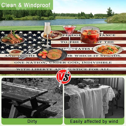 JAWO Fitted Picnic Table and Bench Cover, Vintage American Flag Pledge of Allegiance Print Waterproof Elastic Picnic Tablecloth for Outdoor Patio Camping Backyard Park, 30X60inch