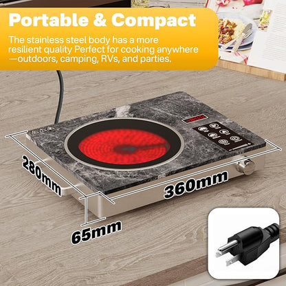 Alemania Single Burner Ceramic Cooktop, Portable 1800W Electric Stove, Countertop Burner for Cooking, Plug in Kitchen Hot Plate, Temperature Adjustable Compact Hob Camping Stoves