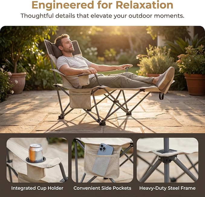 Adjustable Folding Beach Chair, Portable Camping Chair for Adults with Backrest, Reclining Outdoor Chair with Cup Holder & Pocket, Foldable Low Beach Chair for Camping, Picnic, Beige