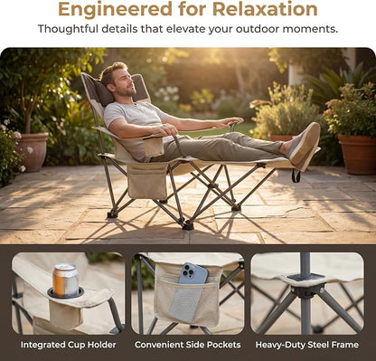 Adjustable Folding Beach Chair, Portable Camping Chair for Adults with Backrest, Reclining Outdoor Chair with Cup Holder & Pocket, Foldable Low Beach Chair for Camping, Picnic, Beige
