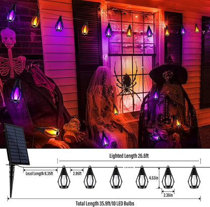 iBaycon 27FT 10 LED Solar Flame Halloween String Lights, Warm White+Purple | Ultra-Real Flickering Flame Lamp Outdoor Waterproof, Solar Patio String Lights for Garden Yard Lawn Halloween Decorations