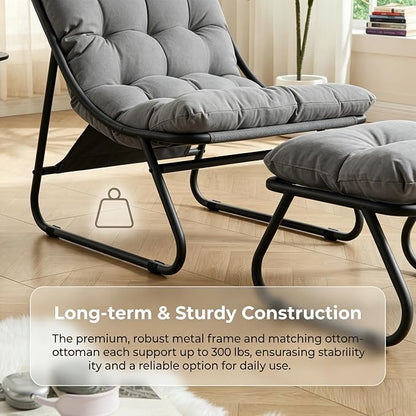 Rocking Chair with Ottoman, Modern Metal Frame Outdoor Rocker, Comfy Patio Lounge Chair with Footrest, Reading Glider Chairs for Living Room, Bedroom, Balcony, Garden, Relax, Grey