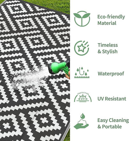 GENIMO Outdoor Rug, Waterproof Plastic Rugs 9'x12' for Camping Black White | Outside Larger Modern Carpet Mat for Porch Decor, Deck, Balcony, Camping, RV, Backyard, Picnic, Beach, Reversible, Foldable