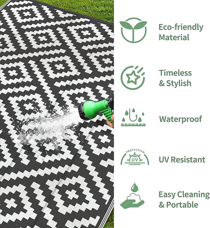 GENIMO Outdoor Rug, Waterproof Plastic Rugs for Patio, 5'x8' Black White | Outside Larger Modern Carpet Mat for Porch Decor, Deck, Balcony, Camping, RV, Backyard, Picnic, Beach, Reversible, Foldable