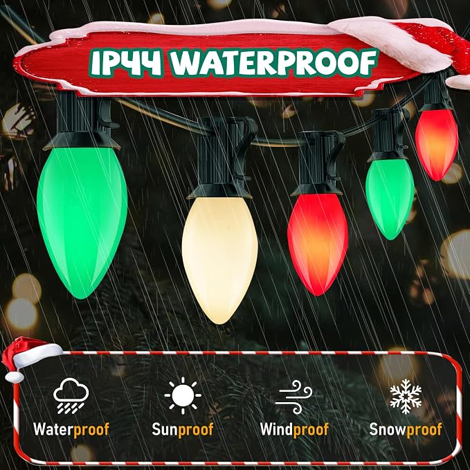 GOOTHY C7 Christmas String Lights, 25Ft Outdoor Decorations with 27 LED Red White and Green Shatterproof Bulbs, Hanging Patio Lights for Tree Backyard Holiday Party Decor