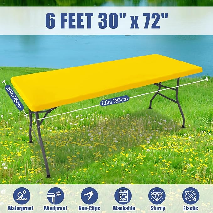 Moosfor 2 Pack Rectangle Spandex Fitted Table Cloth, 6FT Elastic Tablecloth | Washable Picnic Table Cover, Stretch Waterproof Table cloths for Party, Patio, Dining, Kitchen, 30" x 72", Yellow