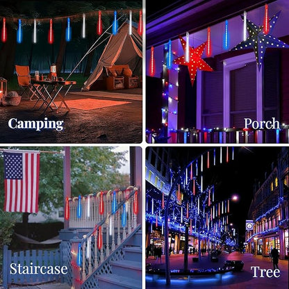 4th of July Decorations Outdoor, USA 250th Anniversary Red White and Blue Solar Meteor Shower Lights, 18 Tubes 432 LEDs Waterproof Patriotic String Lights for Independence National Memorial Day Decor