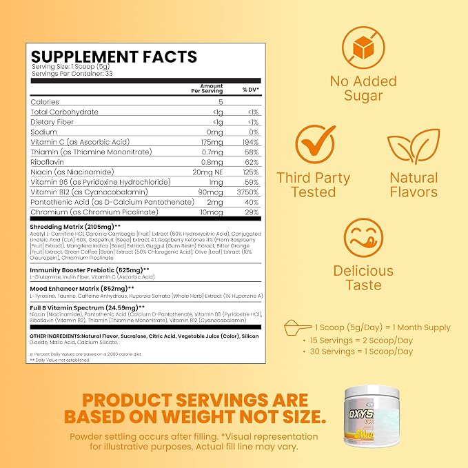 EHP Labs OxyShred Pre Workout Powder - Mango, 33 Servings | Supports Energy, Focus and Endurance with Acetyl L Carnitine and L Glutamine, Thermogenic Formula, Sugar Free, Zero Jitters