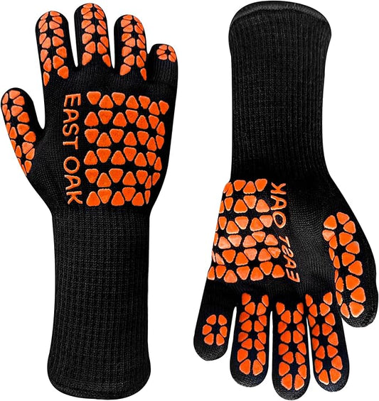East Oak BBQ Gloves, 1472℉ Heat Resistant Gloves, Silicone Non-Slip Grill Gloves for Smoker, Fire Pits, Barbecue, Cooking, Black