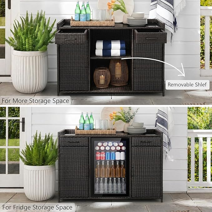 RUNNA 53.5" W Outdoor Wicker Storage Cabinet with Fridge Space,Weatherproof Outdoor Mini Fridge Bar Cabinet with Adjustable Shelves & Drawers for Pool Towel Storage,Garden,Kitchen (Black+Brown#64)