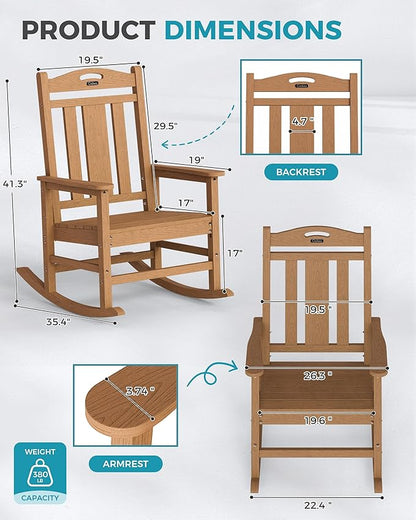 Ciokea Oversized Outdoor Rocking Chair, 380lbs Heavy-Duty Large Patio Rocker, Weather Resistant & Anti-Fade Porch Chair, High Back Cozy Rocking Chair for Outside, Fire Pit, Deck, Garden, Teak
