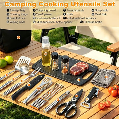 Camping Utensil Set 18 Pcs, Camping Cooking Set with Storage Bag | Lightweight & Durable Kitchen Set for Travel, Picnics, BBQ, Party, Outdoor Hiking