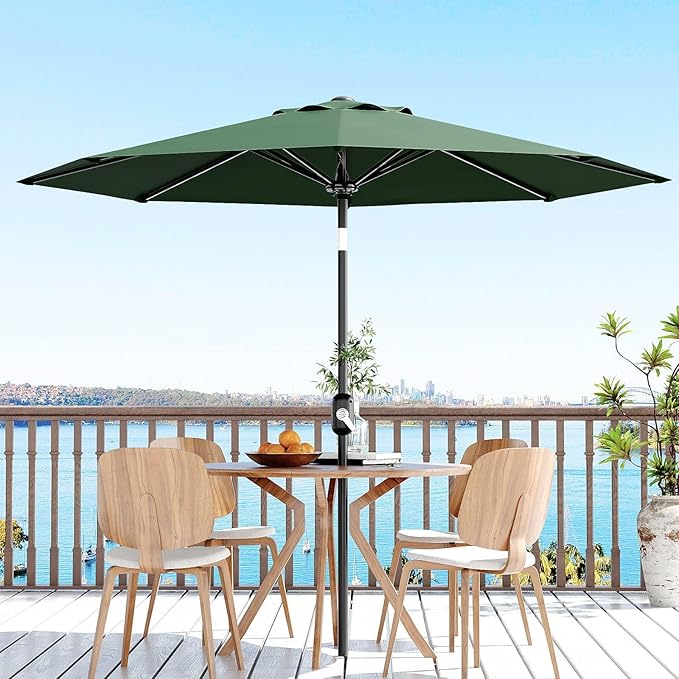 Garvee 9 ft Patio Umbrella - 8 Sturdy Ribs Outdoor Table Umbrella with Crank Lift & Push Button Tilt - Market Umbrella for Pool, Deck, Yard, Garden - Dark Green