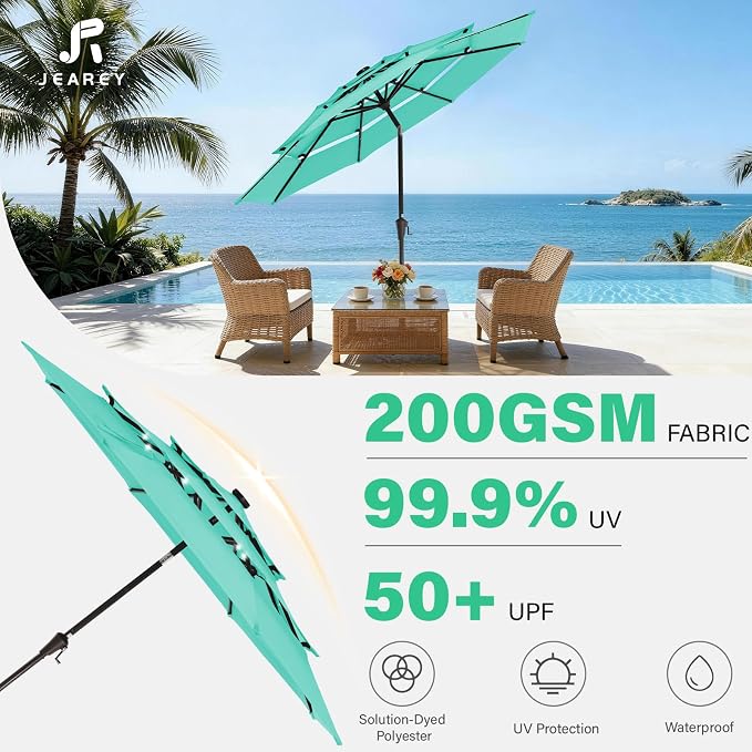 JEAREY 9 ft 3-Tier Outdoor LED Lighted Patio Umbrella w/Crank, Peacock Blue | Solar Market Table Umbrella with 8 Sturdy Ribs, UV Protection Waterproof Sunproof for Garden, Deck and Backyard