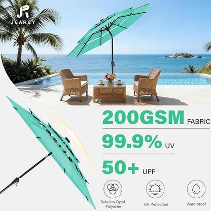 JEAREY 9 ft 3-Tier Outdoor LED Lighted Patio Umbrella w/Crank, Peacock Blue | Solar Market Table Umbrella with 8 Sturdy Ribs, UV Protection Waterproof Sunproof for Garden, Deck and Backyard