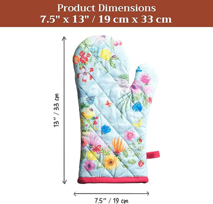 Maison d'Hermine Oven Gloves 100% Cotton Oven Mitt 7" x 13" with Loop Heat Resistant BBQ Cooking Gloves Baking Grilling Kitchen Hotel Home Farmhouse Spring Summer (Pack of 1, Jardin D'Ete - Mint)