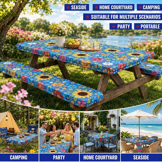 Cinrobiye 3PCS Floral Picnic Table Cover Set Fitted Elastic Waterproof Tablecloth with Bench Covers Blue Flower Camping Table Cover for Outdoor Picnic Camping Backyard BBQ 72 x 30 Inch