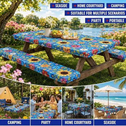 Cinrobiye 3PCS Floral Picnic Table Cover Set Fitted Elastic Waterproof Tablecloth with Bench Covers Blue Flower Camping Table Cover for Outdoor Picnic Camping Backyard BBQ 72 x 30 Inch