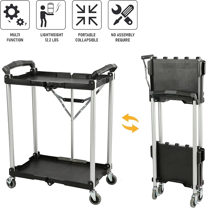 Olympia Tools 89-356 Pack-N-Roll Folding Collapsible Service Cart, Black, 50 Lb. Load Capacity per Shelf, 2-Layers
