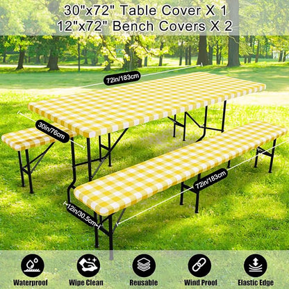 Smiry Picnic Table Cover with Bench Covers, Waterproof Elastic Fitted Tablecloths for 6 Foot Rectangle Tables, Washable Buffalo Plaid Tablecloth for Camping, Outdoor (Yellow & White, 30"x72")