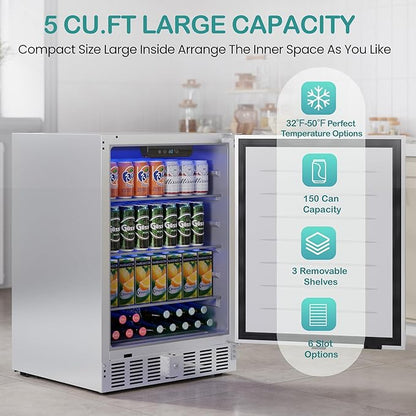 24 Inch Indoor/Outdoor Beverage Refrigerator 170 Cans, Stainless Steel Beverage Refrigerator for Undercounter Built-in or Freestanding, Lockable Door and Auto Defrost, Fast Cooling, Low Noise, 32-50℉