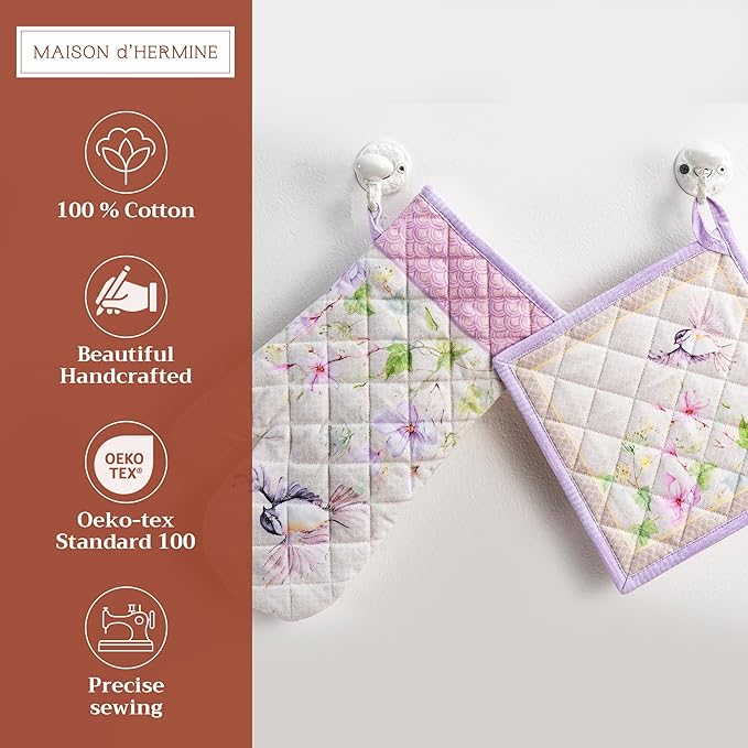 Maison d' Hermine 100% Cotton Oven Mitt & Pot Holder Set (7.5"x13" & 8"x8") Heat Resistant BBQ Cooking Gloves with Loop Baking Grilling Kitchen Hotel Home Farmhouse Spring Summer (Magnolia Mornings)