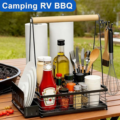 Grill Caddy with Plate Holder and 2Paper Towel Holder, Picnic BBQ Condiment Utensil Organizer Caddy for Outdoor Cooking, RV, Camping Essential, Camper Must Haves, Grilling Gifts