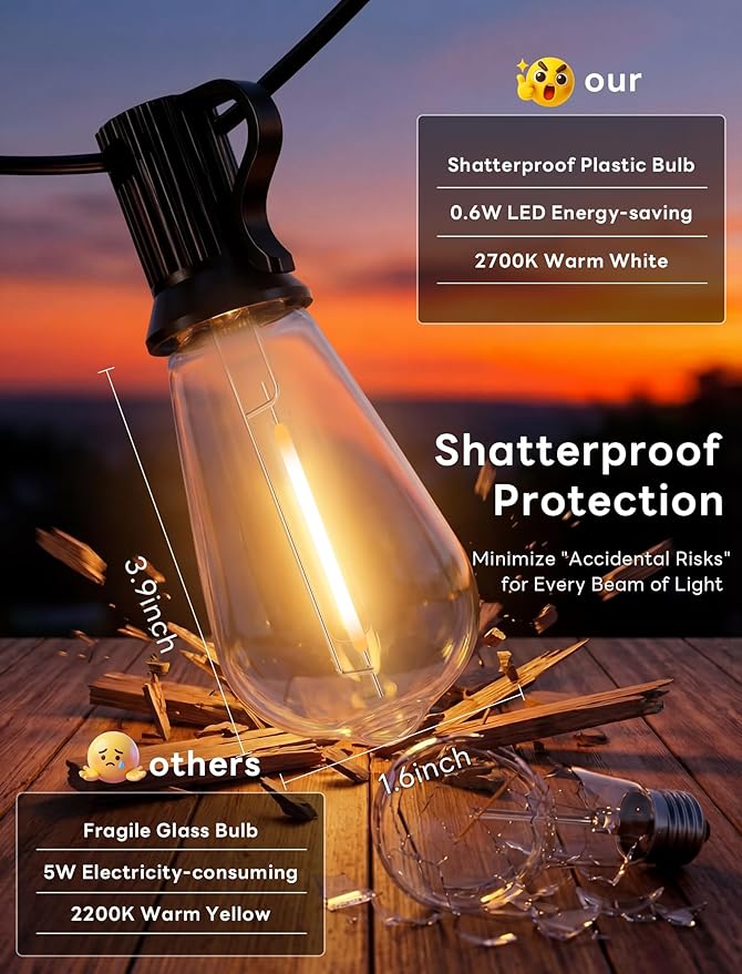 50FT LED Outdoor String Lights with 27 Shatterproof ST40 Vintage Edison Bulbs(2 Spare), Connectable Outside Hanging Light for Backyard Garden Porch Balcony, 2700K Dimmable