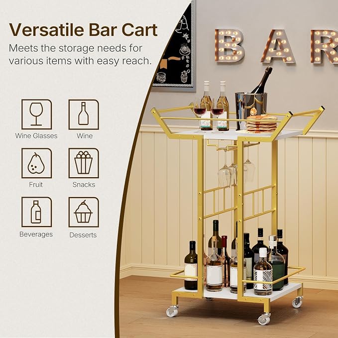 Bar Cart, 3-Tier Serving Cart with Wine Glass Rack, Drink Cart with Wheels, Rolling Beverage Cart, for Living Room, Party, White and Gold BC10DW