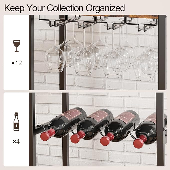 Bar Cart, Home Bar Serving Cart, Mobile Kitchen Carts with Wheels, Small Rolling Cart with Wine Rack and Glass Holders, Rolling Beverage Cart for Kitchen, Dining Room, Living Room, Rustic Brown