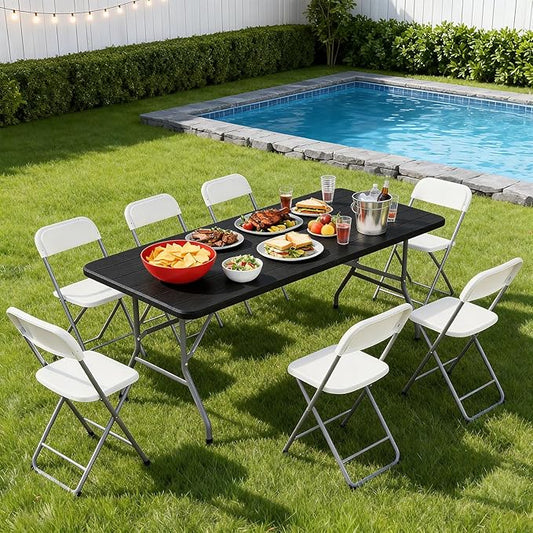 BestOffice 6 FT Picnic Table, Portable Plastic Folding Table with Carrying Handle Perfect for Picnics, Parties, Party and Camping, Black Wood Grain