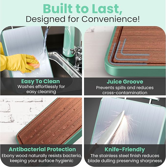 Double-Sided Cutting Board – Generously Sized Stainless Steel & Ebony Wood, Non-Slip Chopping Board with Juice Groove – 2-in-1 Cutting board for Fish, Meat, Vegetables, BBQ, Charcuterie.