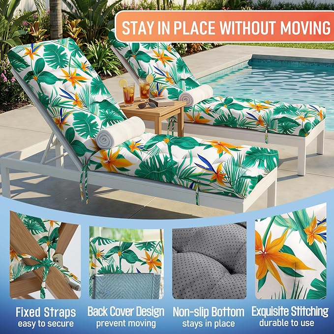 MAGIC ELEPHANT Chaise Lounge Cushion Outdoor, Memory Foam Patio Lounge Chair Cushion with Ties for Outdoor Furniture, 74 x 22 x 4 Inch (Tropical Monstera)