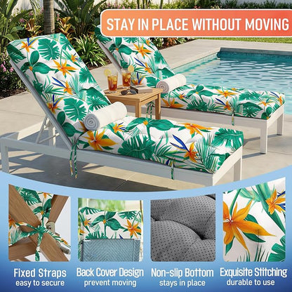 MAGIC ELEPHANT Chaise Lounge Cushion Outdoor, Memory Foam Patio Lounge Chair Cushion with Ties for Outdoor Furniture, 74 x 22 x 4 Inch (Tropical Monstera)