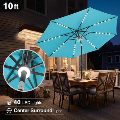 FLAME&SHADE Solar Patio Umbrella with Centre Light, 10 FT Aqua Blue | UV Protection, Small Solar Outdoor Umbrella for Porch, Deck, Backyard, Garden, Provides Evening Lighting, 40 LED Lights