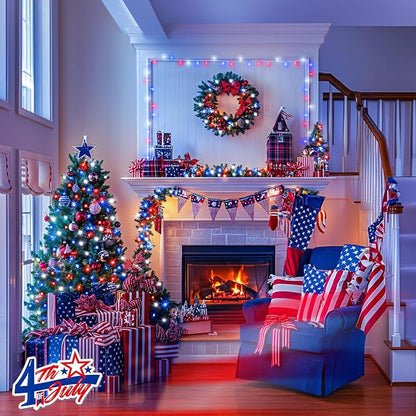 JMEXSUSS 2 Pack Red White and Blue Lights Outdoor, Each 33ft 100 LED | 4th of July Lights Battery Operated, 8 Modes Patriotic Decorations for Indoor outside Independence Day American Flag Holiday