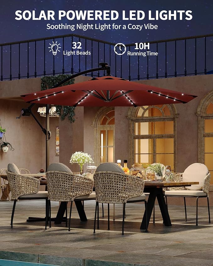 15FT Outdoor Patio Umbrella,Double-Sided Rectangle Market Umbrella with 36 LED Solar Lights & Base,UV50+ Weather-Resistant Oversized Outdoor Umbrella,Crank Lift,3-Way Shade for Pool,Garden,Backyard
