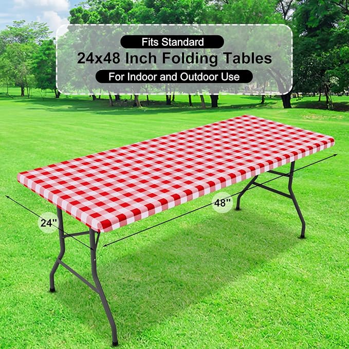 Buffalo Rectangle Picnic Tablecloth, 4 Foot Elastic Fitted Vinyl Table Cloth with Flannel Backing, Waterproof Plaid Table Covers for Dining, Camping, Outdoor (Red and White, 24" x 48")