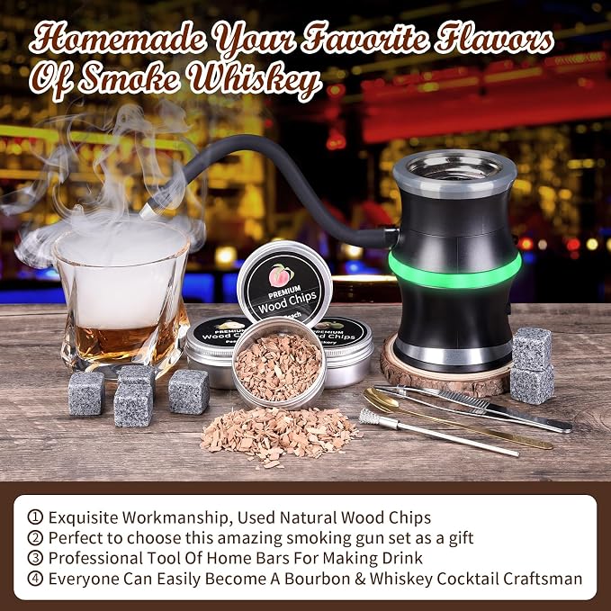Electric Whiskey Smoker Kit, Cocktail Smoker Kit with Whiskey Stones & 8 Flavors Wood Chips, Drink Bourbon Old Fashioned Smoker Kit, Whiskey Gifts for Men, Dad, Husband, Boss, Boyfriend