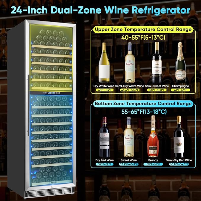 200 Bottle Wine Fridge Dual Zone, 24 Inch Wine Cooler Refrigerator Freestanding or Built-in, Professional Wine Cellar with Advanced Temperature Control and Compressor Cooling, Quiet Operation