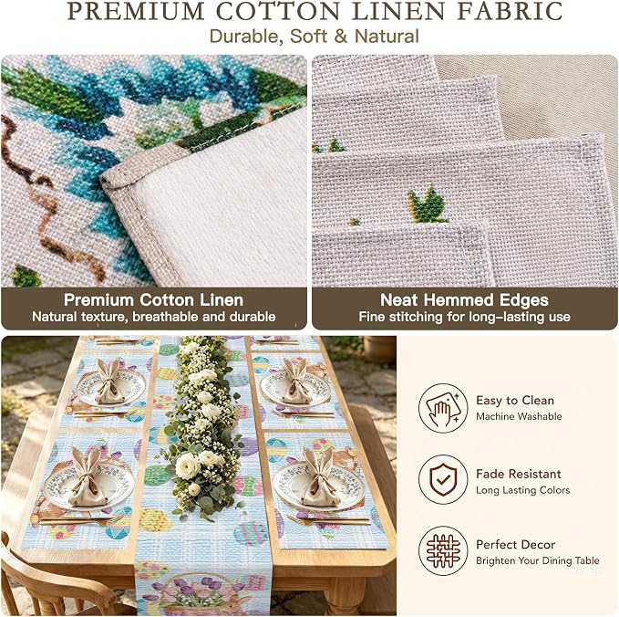 Nuxovilar Tablerunner and Placemats Set of 7 Easter-Themed with Bunny & Egg Patterns Linen Square Placemats for Dining Dining Sets and Accessories Kitchen, Table, Easter Gatherings