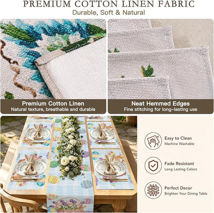 Nuxovilar Tablerunner and Placemats Set of 7 Easter-Themed with Bunny & Egg Patterns Linen Square Placemats for Dining Dining Sets and Accessories Kitchen, Table, Easter Gatherings