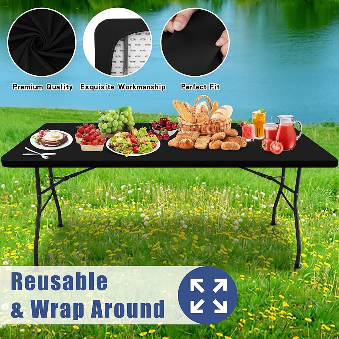 Moosfor Spandex 6 Foot Rectangle Table Cloth, Elastic Fitted Tablecloths for Picnic, Stretch Washable Patio Table Cover for Outdoor, Camping, Banquet and Parties (Black, 42"x72")