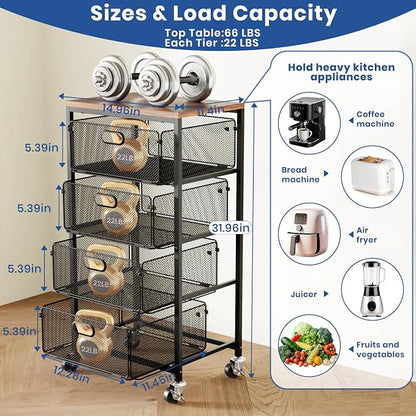 Goovilla Kitchen Cart with Drawers, Lockable Wheels with Wooden Top, Black | 4 Tier Metal Rolling Utility Cart Organizer, Fruit Vegetable Storage Rack Also for Cans, Snack, Craft, Art, Office, Beauty