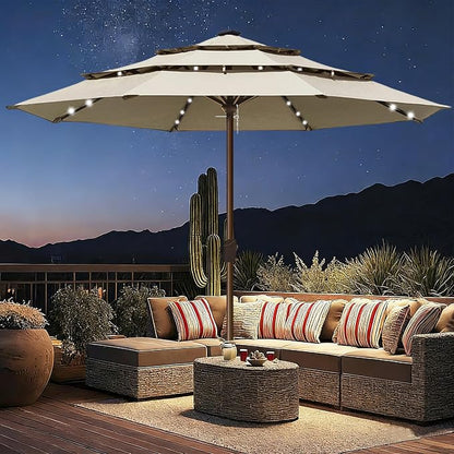 EliteShade USA 10-Year-Non-Fading 10ft 3-Tier Market Patio Umbrella, Commercial Table Umbrella with 80 Solar LED Lights, Crank Open, Windproof & UPF 50+ UV Protection for Garden, Deck, Pool, Backyard, No Tilt, Antique Beige