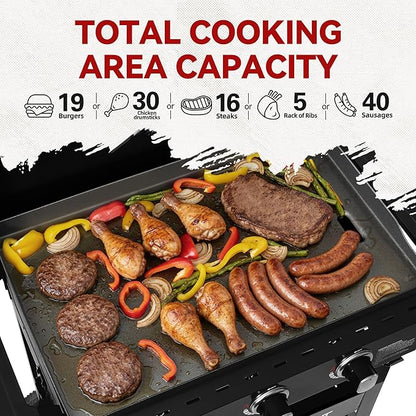 Royal Gourmet GB3000PB 3-Burner Gas Griddle with Hood, Griddle with Collapsible Side Shelves, 39,000 BTU, 492 Sq. In. Cooking Area, Electronic Ignition, Swivel Wheels with Brakes, Black