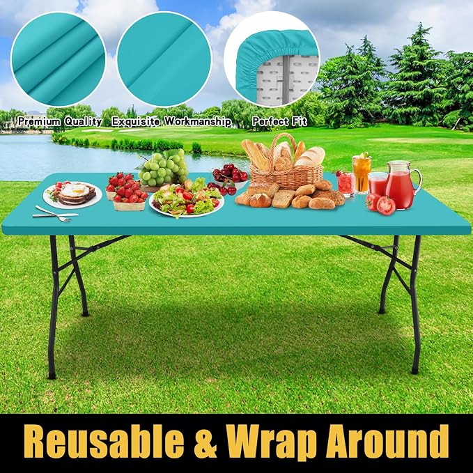 Smiry Rectangle Picnic Table Cloth, Waterproof Elastic Fitted Tablecloths for 4 Foot Tables, Washable Polyester Table Cover for Camping, Indoor and Outdoor (Turquoise, 30"x48")